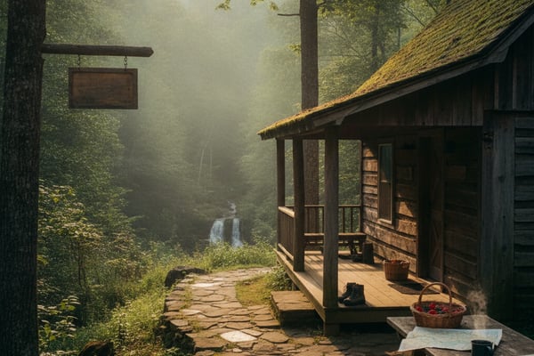 Rustic cabin with stone porch overlooking misty forest and distant waterfall