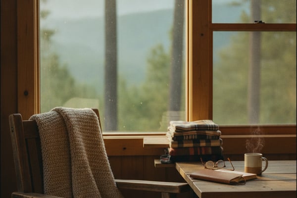 Wooden chair with blanket at desk overlooking forested mountains through large windows
