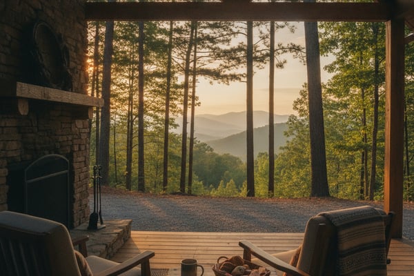 Cabin porch with two chairs overlooking forested mountains at sunset, stone fireplace visible on left