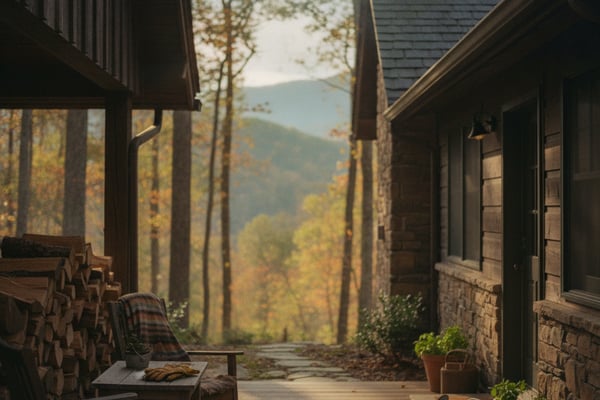 Stone cottage courtyard with wooden deck, Adirondack chair, and mountain valley view through trees